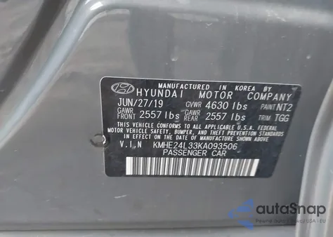 2019 Hyundai Sonata Hybrid Se from USA, damaged, VIN KMHE24L33KA093506